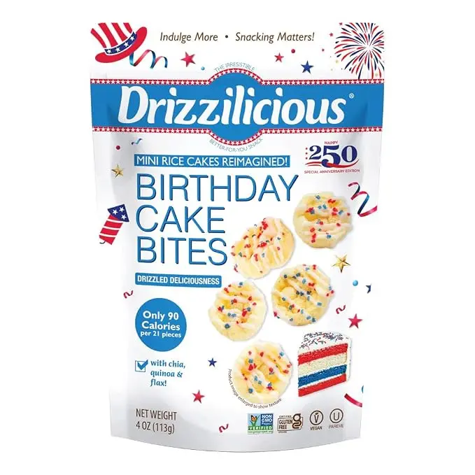 Drizzilicious 250th Anniversary Birthday Cake Mini Rice Cakes 4oz Limited Edition | Gluten Free Vegan Snack | 90 Calorie Rice Cake Bites | Healthy Sweet Snack | USA A250 Edition