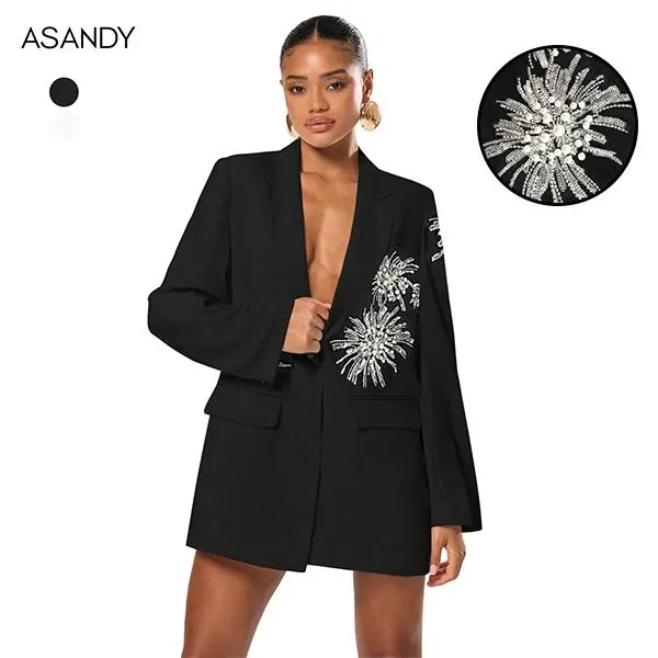 ASANDY Women's Black Oversized V-Neck Long Sleeve Silk Blazer Dress - Crystal Firework Embellished Formal Fashion ASANDY Women's Black Oversized V-Neck Long Sleeve Silk Blazer Dress - Crystal Firework Embellished Formal Fashion