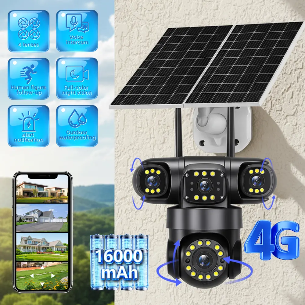 4G Solar Security Camera, 4‑Lens with 4‑Screen Simultaneous Live View, Dual Solar Panels, 16000mAh Large‑Capacity Built‑in Battery, PTZ, AI Human Auto‑Tracking, 4‑Mode Night Vision, Two‑Way Audio, PIR Motion Alerts, IP66 Weatherproof