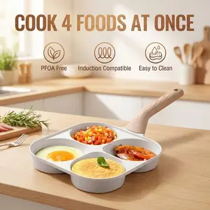 Multifunctional non-stick egg frying pan, skillet with wooden handle and four holes, medical stone non-stick omelet and pancake maker for quick breakfast, burgers, and home cooking