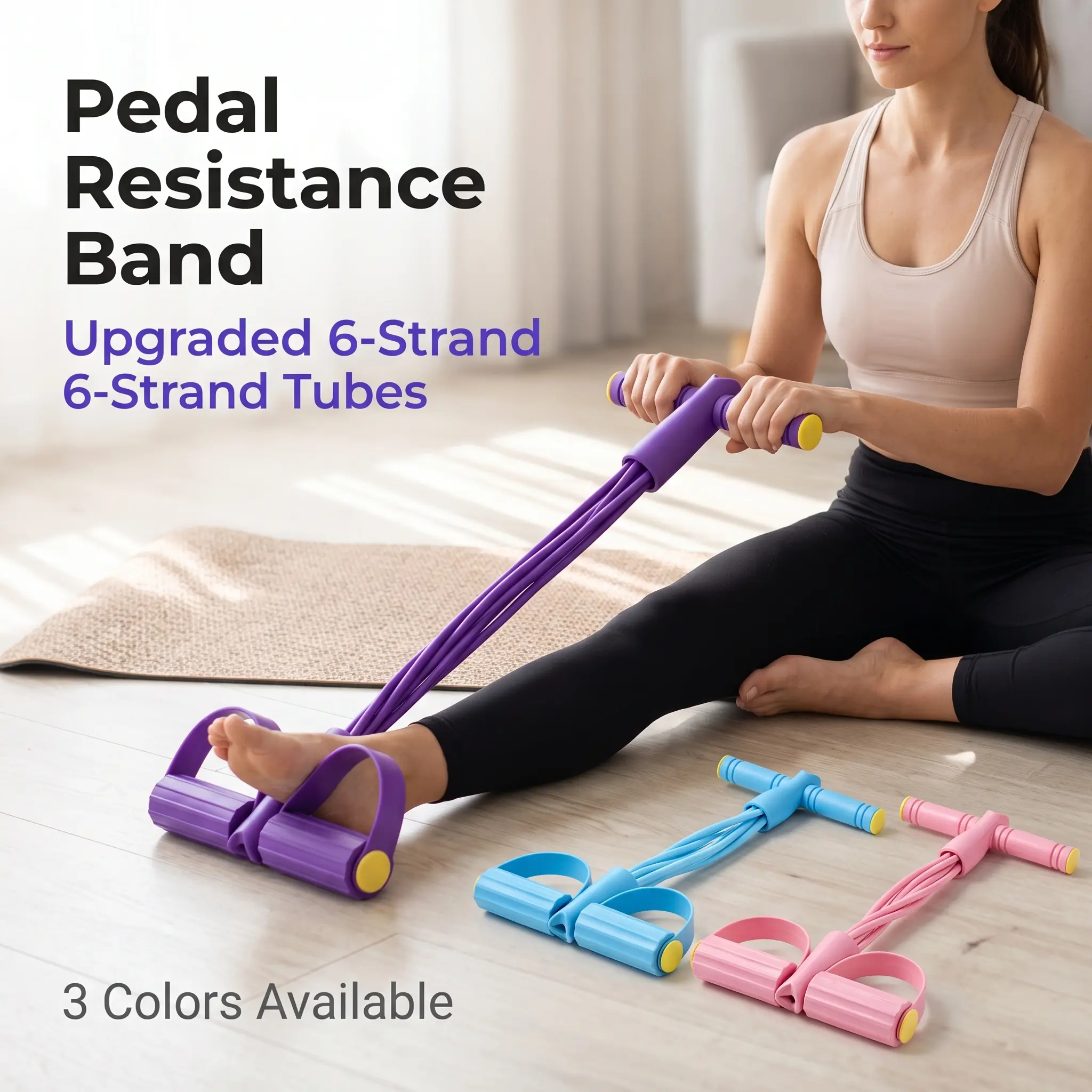 Women's Upgraded 6-Strand Pedal Resistance Band, Elastic Fitness Stretch Trainer for Full Body Training (Arms, Waist, Legs, Shoulders), Portable for Home, Office, Travel