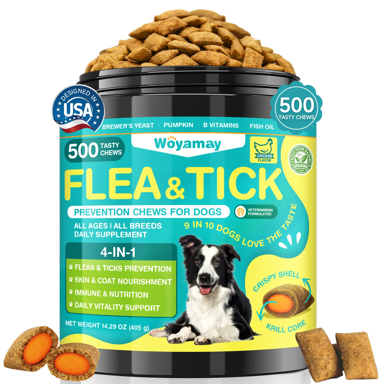 Woyamay Natural Dogsnacks 4-IN-1 Flea & Tick Support Prevention 500 Crunchy Chews Chicken Flavor Skin Coat Gut Immune Support Dog Treats for All Ages & Breeds TikTokShopHolidayHaul Summerwins DealsForYouDays