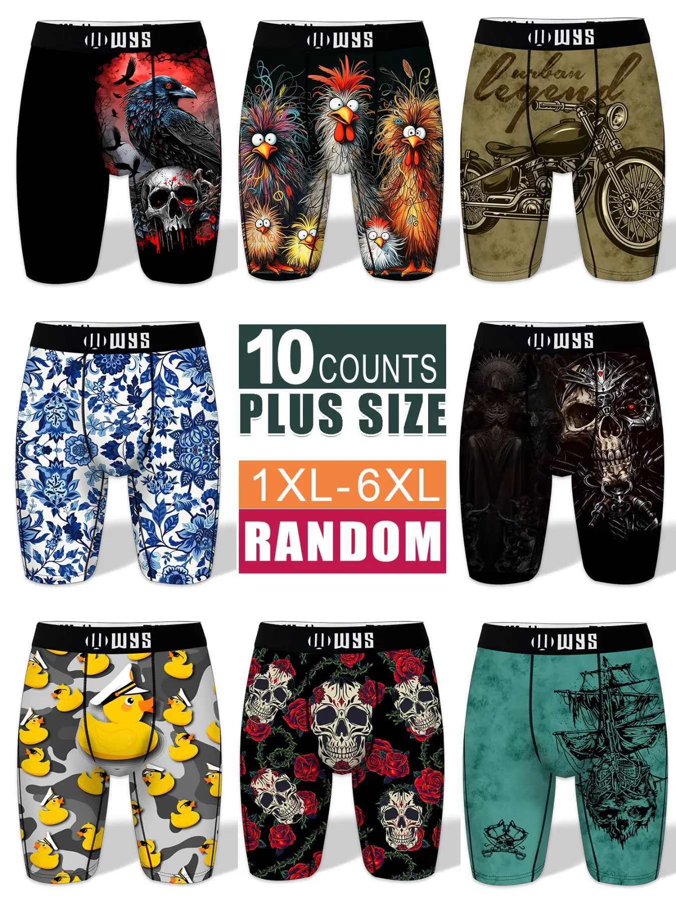 RANDOM-10PCS，Men's Plus Size Long Briefs 10-Pack, Moisture-Wicking Quick-Dry, Anti-Chafe, Bike Swim Pants, Halloween Skull Wolf Print, Comfortable Casual Underwear