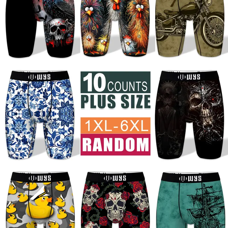 Random 10PCS, Men's Plus Size Long Briefs 10-Pack, Moisture-Wicking Quick-Dry, Anti-Chafe, Suitable for Cycling and Swimming, Halloween Skull Wolf Print, Comfortable Casual Underwear