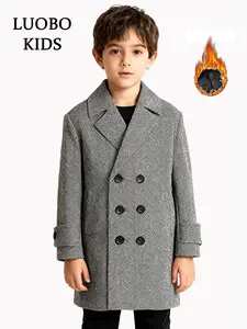 【LUOBOKIDS】Thickened Boys' Flannel Lined Jacket, Suitable for Children with Heights of 90-160cm, Western College Style Coat, Winter Warmth Jacket, Button Front Jacket