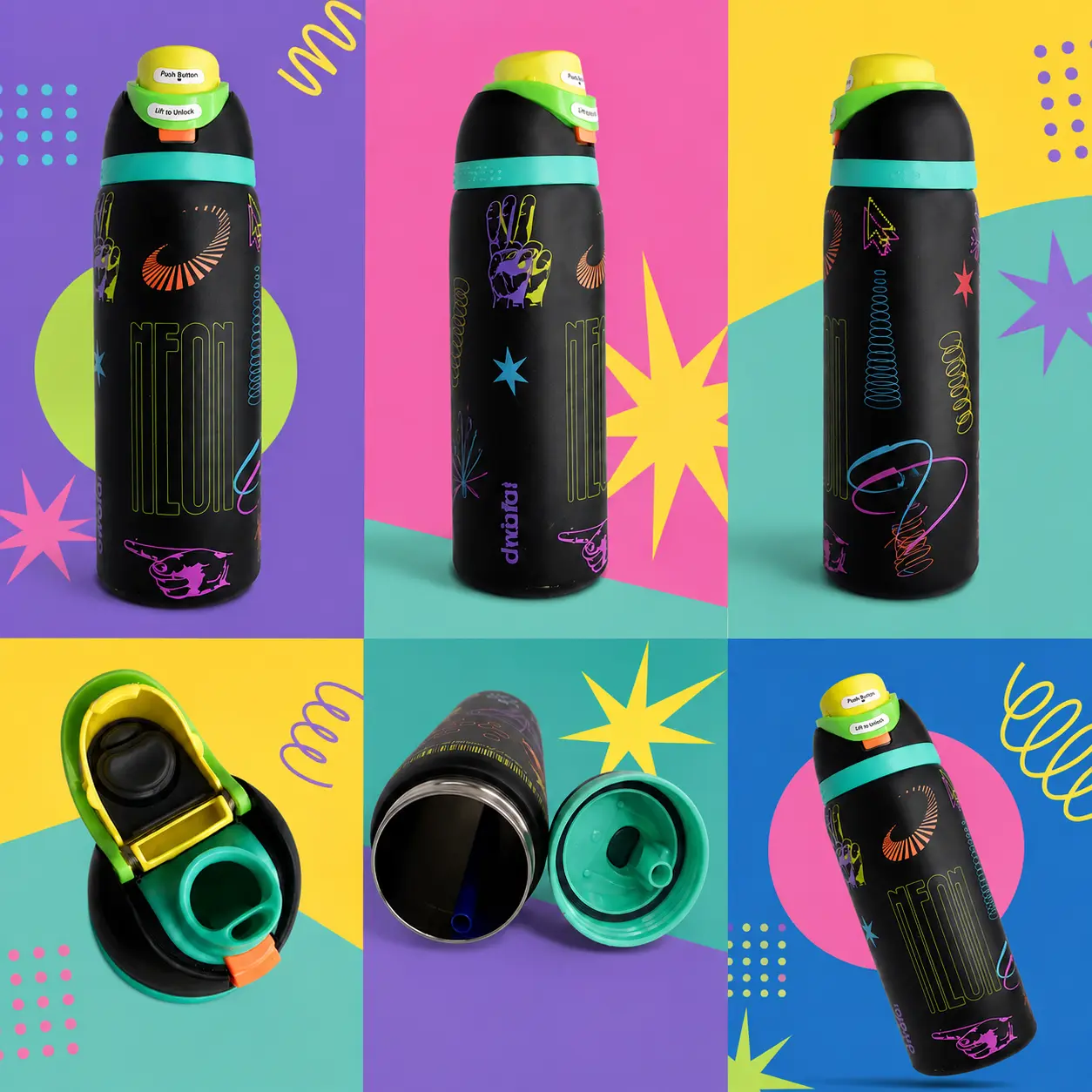 Owala 32oz FreeSip Stainless Steel Water Bottle, Triple Insulated Leak Proof Tumbler with Push Button Lid, Neon Y2K Digital Graphic Bottle for Gym