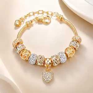 Golden Heart Charm Bracelet for Women, Adjustable 18-22cm Snake Chain Beaded Bangle with Sparkling Rhinestone & Hollow Beads, Copper Zinc Alloy Jewelry for Daily Wear, Valentine Birthday Gift for Her