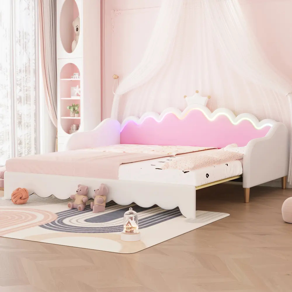 Twin Extending Upholstered Daybed with LED Lights, Modern Crown Headboard, Princess Style Beds for Indoor Bedroom Furniture