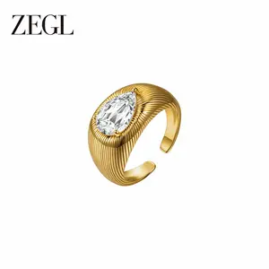 ZEGL 14K Gold Plated Chunky Ring for Women, Hypoallergenic Textured Ribbed Statement Rings, Vintage Teardrop Crystal Adjustable Open Band, Mob Wife Aesthetic Daily Jewelry Gift – Ideal Gift for Valentine's Day, Mother's Day, or Christmas