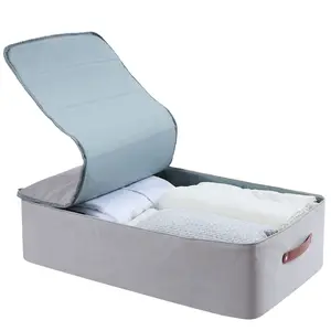 Not Your Average Under Bed Storage Large Premium Underbed Organiser for Clothes Bedding Shoes All Side Padded Canvas with Lids Faux Leather Handles Double Zippers 28x17x8 in Light Grey