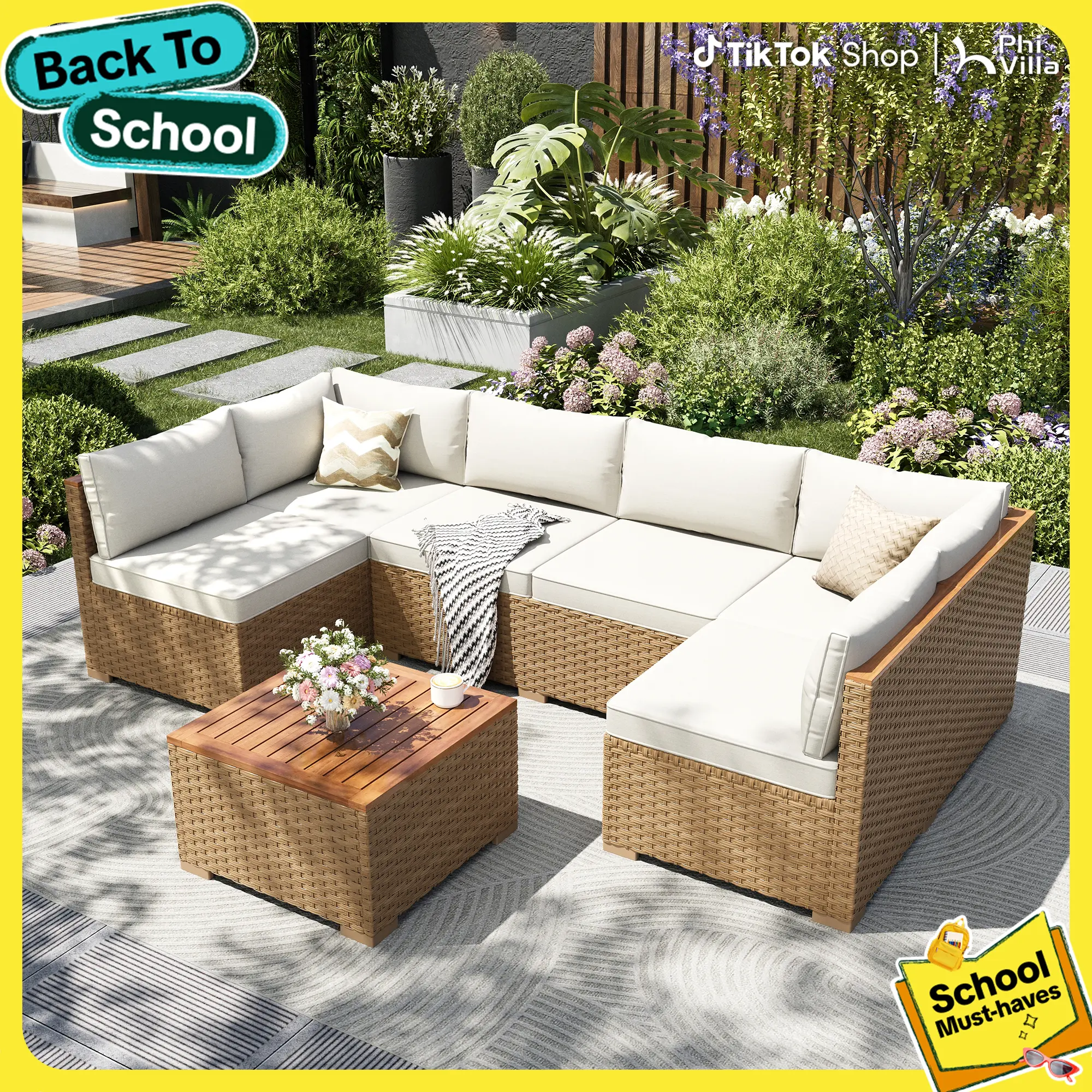 PHIVILLA 6 Seats Outdoor Patio Rattan Furniture Sofa Set with Acacia Wood Coffee Table, Thick Cushions Sofa Set for Balcony, Porch & Patio, Home Decor,TikTokShopBackToSchool