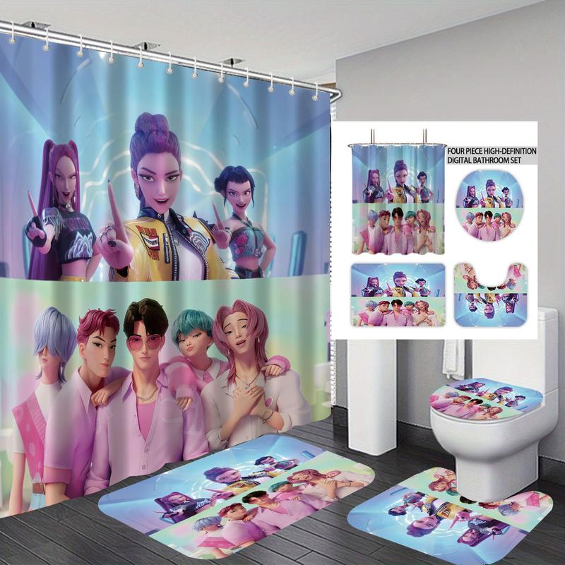 K-POP Demon Hunters Bathroom Set, Shower Curtain Sets Including Shower Curtain with 12 Hooks, Non-Slip Bath Rug, U-Shaped Toilet Mat, Toilet Lid Cover, Bathroom Decoration Accessories