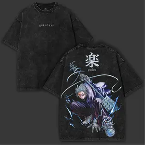 Gaku X Sakamoto Days Vintage Wash Oversized Shirt | Double Printed Heavy Cotton Anime Tee with Electric Samurai Back Print Basic Dress