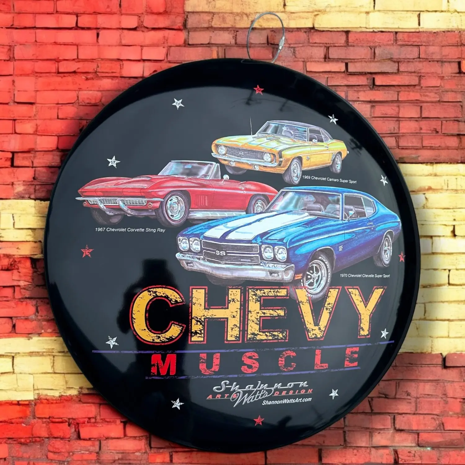 Chevy Muscle Car Glossy Metal Dome Decorative Plaque, 15.5" Vintage Garage Sign, Home Decor Products for Man Cave Wall Art