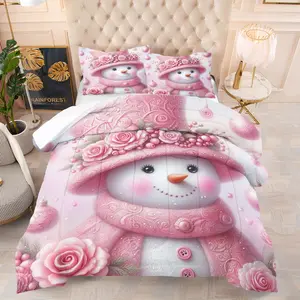 2/3 Piece Christmas Themed Bedding Set, Christmas Gift, Snowman Wearing Pink Hat and Scarf, Floral Pattern Printed Comforter Set, Suitable for Girls Bedroom Decoration Soft and Skin Friendly, Including 1 Quilt and 1/2 Pillowcase