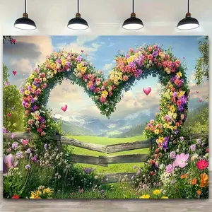 1pc Polyester Vibrant Flower Heart Fence Backdrop - Festive Party Banner with Colorful Floral Arrangement, Wooden Fence, Mountain Landscape, 59x39in for Weddings, Birthdays, Special Events, Birthday
