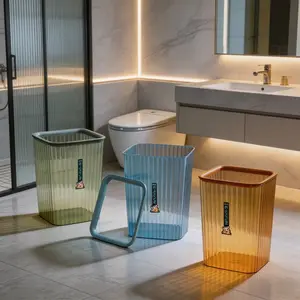3-Pack 14L/3.7gal Crystal Pattern Trash Bins with Lid, Transparent Striped Buckets for Kitchen Bathroom Office Home Use