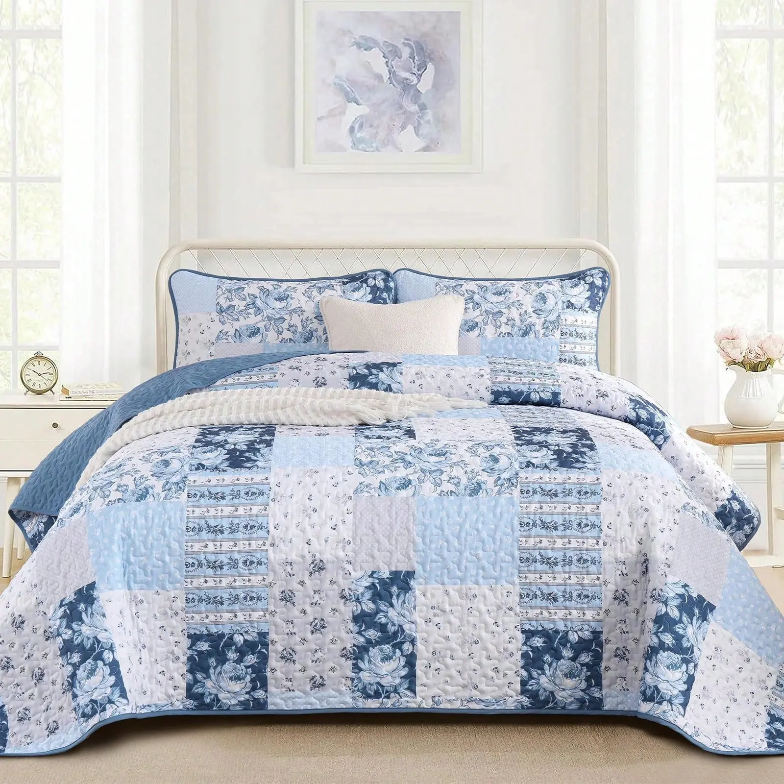 WONGS BEDDING Patchwork Quilt Set Queen 3 Pieces, Plaid Coverlet Bedspread with 2 Shams, Soft Lightweight All Season Bedding (96"x90")