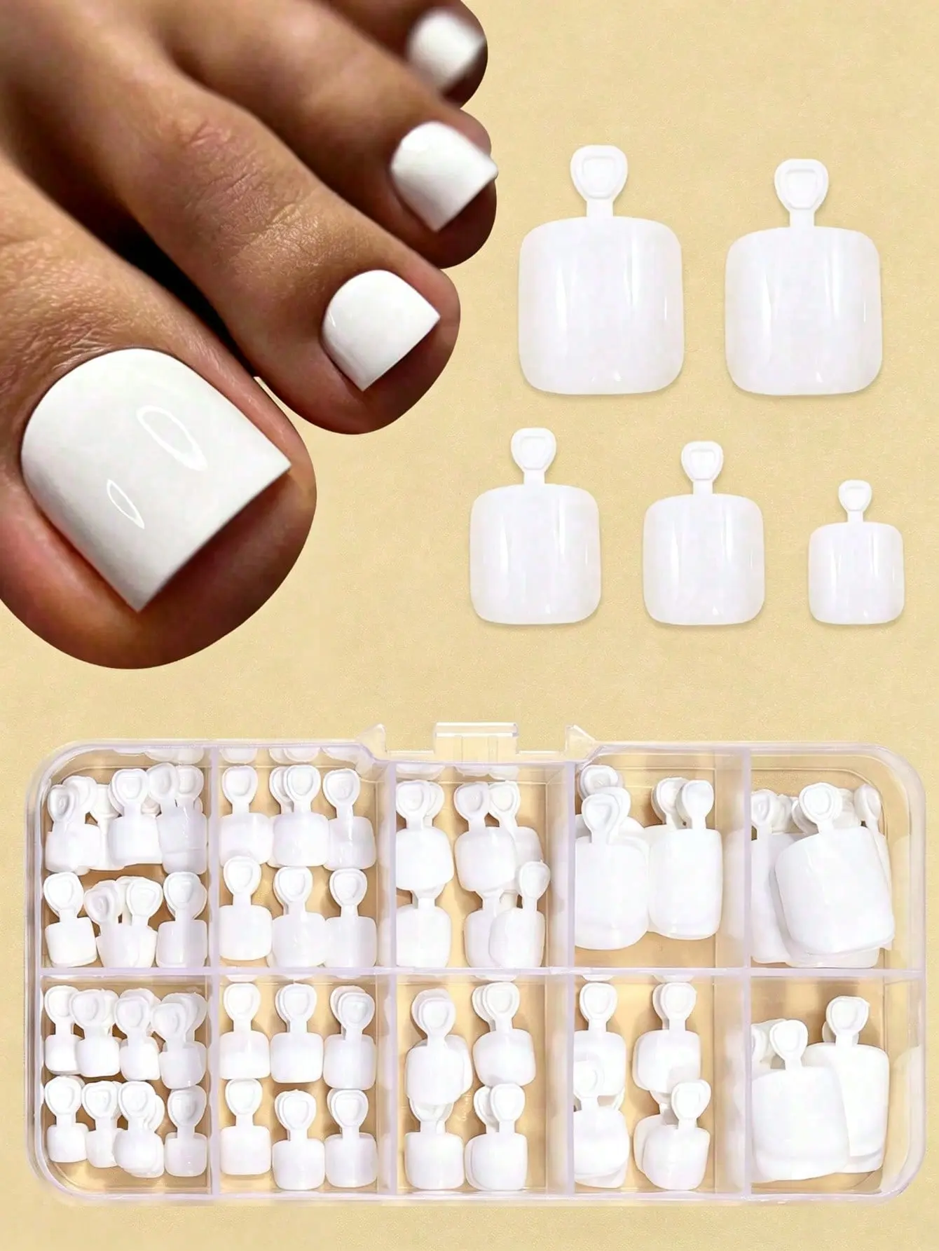 Glossy Short Square White Full Cover Press On Toenail Tips, 120Pcs 6-Size Natural Solid ABS Multi-Pack for Nail Lovers’ Easy Nail Art, Salon & Party Use, Press On Nails