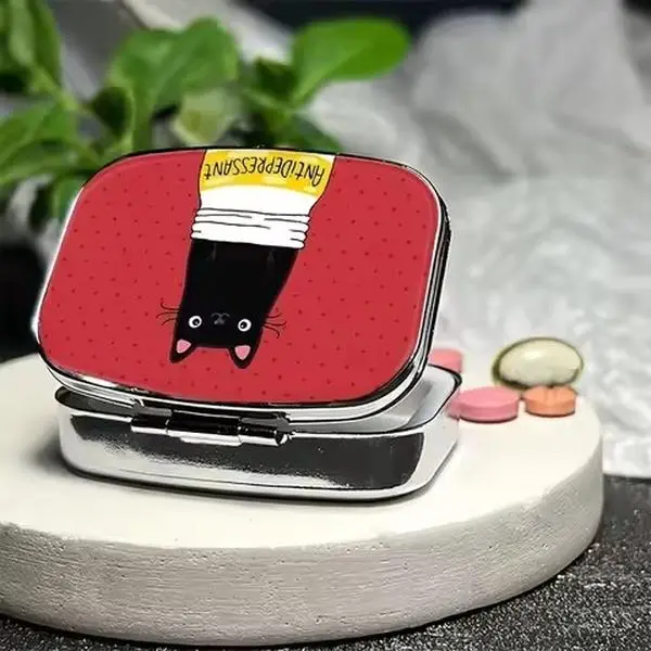 Personal Pill Storage Box Black Cat on Red Background Pill Case, Cute Minimalist 2-Compartment Travel Medicine Organizer with Mirror, Portable Plastic Pocket Pill Box for Women, Cat Lovers Gift