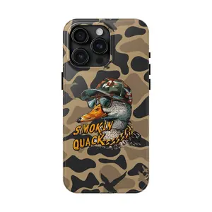 Edgy Ol' School Camo "Smokin' Quack" Tough Cases for iPhone 17 down to iPhone 7/8/SE. Bold, unisex, and rebel-duck inspired premium protection.