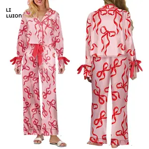 Women Valentine's Pajamas Bow Print Lape Long Sleeve Button Down Tops and Drawstring Pants Sleepwear