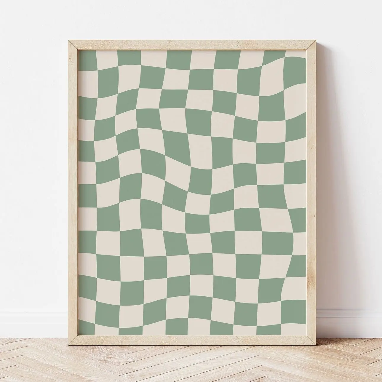 Sage Green Checkered Wall Art, Retro Wavy Checkerboard Poster, Funky Modern Home Decor | Frameless Poster J