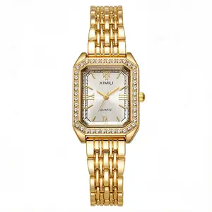 Luxurious lady's fashionable quartz watch with simple scale, square shape, diamond-studded high-quality gold plating, business style, comes with a box as a gift.
