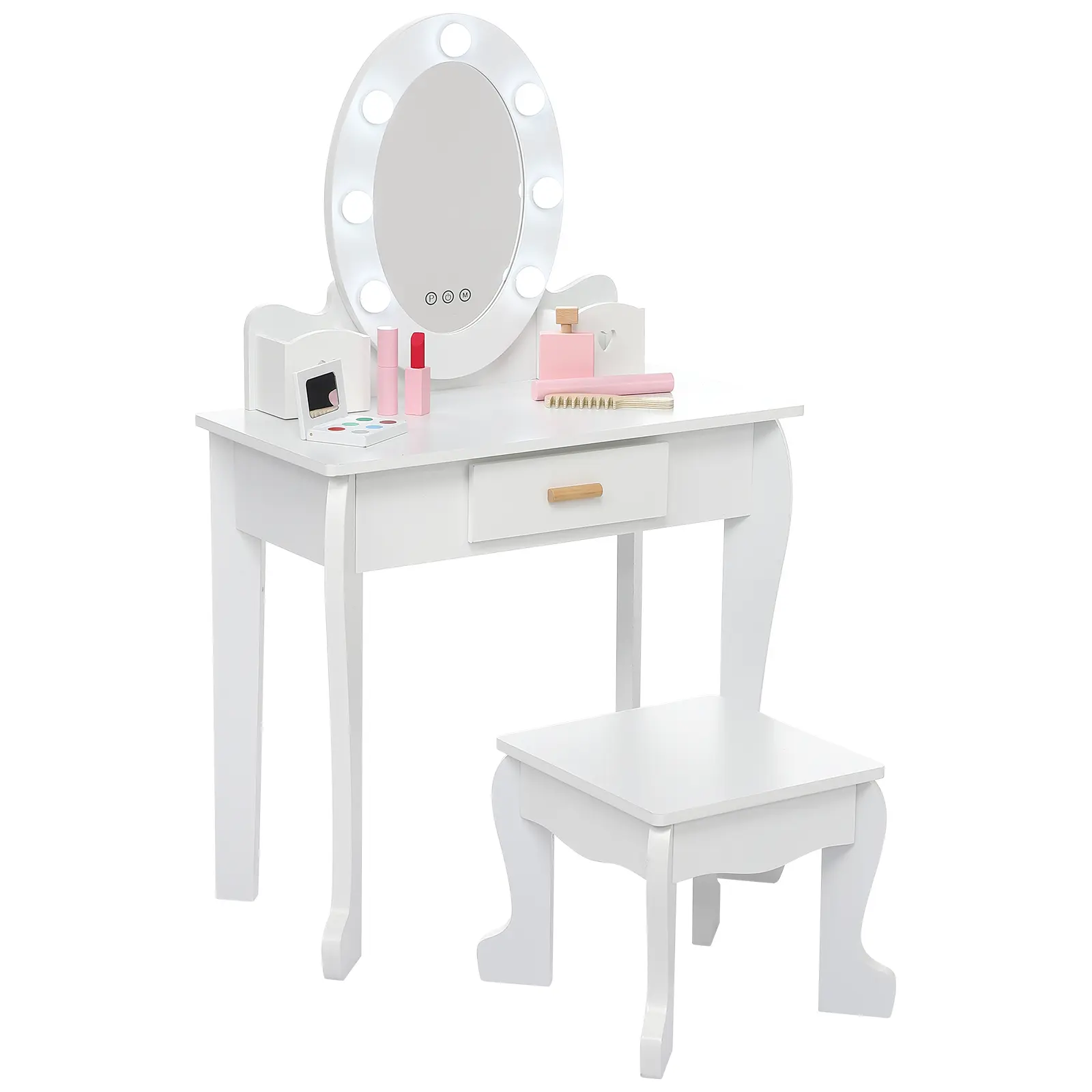 Princess Vanity Set With Lighted LED Mirror Wooden Kids Makeup Dressing Table Mirror Matching Stool Built In Storage Drawer Organizer Compartments For Girls Room