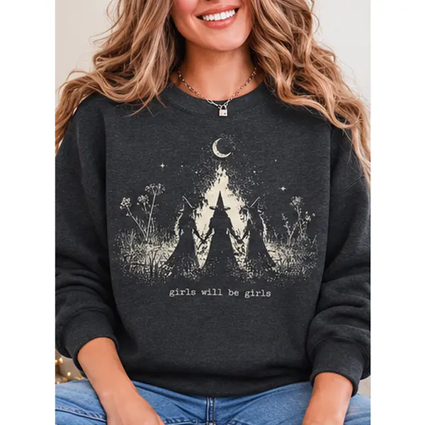 Vintage Witch Coven Girls Will Be Girls Sweatshirt, Funny Witchy Crewneck, Halloween Witch Sweater, Spooky Season Gift, Cozy Fall Sweatshirt