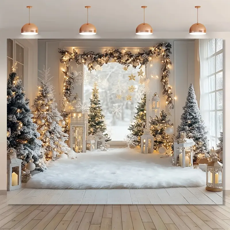 1pc Winter Christmas Backdrop 100*150cm/39inch×59inch - Large Arch Window Design with Snowy Trees, White Foliage, Twinkling String Lights, Hanging Lantern Ornaments - Durable Home Decor for Holiday Party