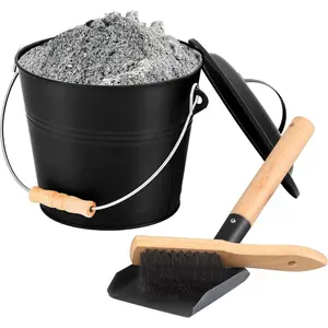 Fireplace Tools Set, 1.5 Gallon Mini Ash Bucket with Lid, Shovel, Heat-Resistant Brush & Screwdriver, Heavy Duty Galvanized Iron Ash Cleaning Tool Set, Compact 7.5" x 8.8" x 6.4”, Black