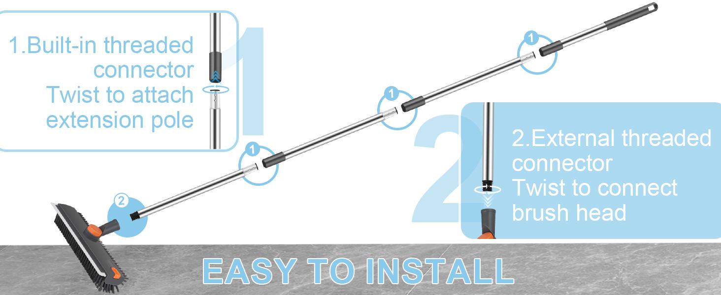 Floor Scrub Brush with Long Handle, 360° Rotating 3 in 1 Heavy Duty Floor Scrubber with Stiff Bristles, Squeegee & Tweezer, Deep Cleaning Push Broom for Bathroom, Shower, Tile, Grout, Patio, Deck, Garage, Kitchen Floor Cleaning Tool