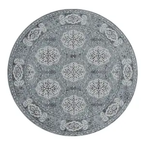 HomeRoots 531815 6 ft. Blue Medallion Power Loom Round Area Rug, Blue Area Rugs, Circle Area Rugs
