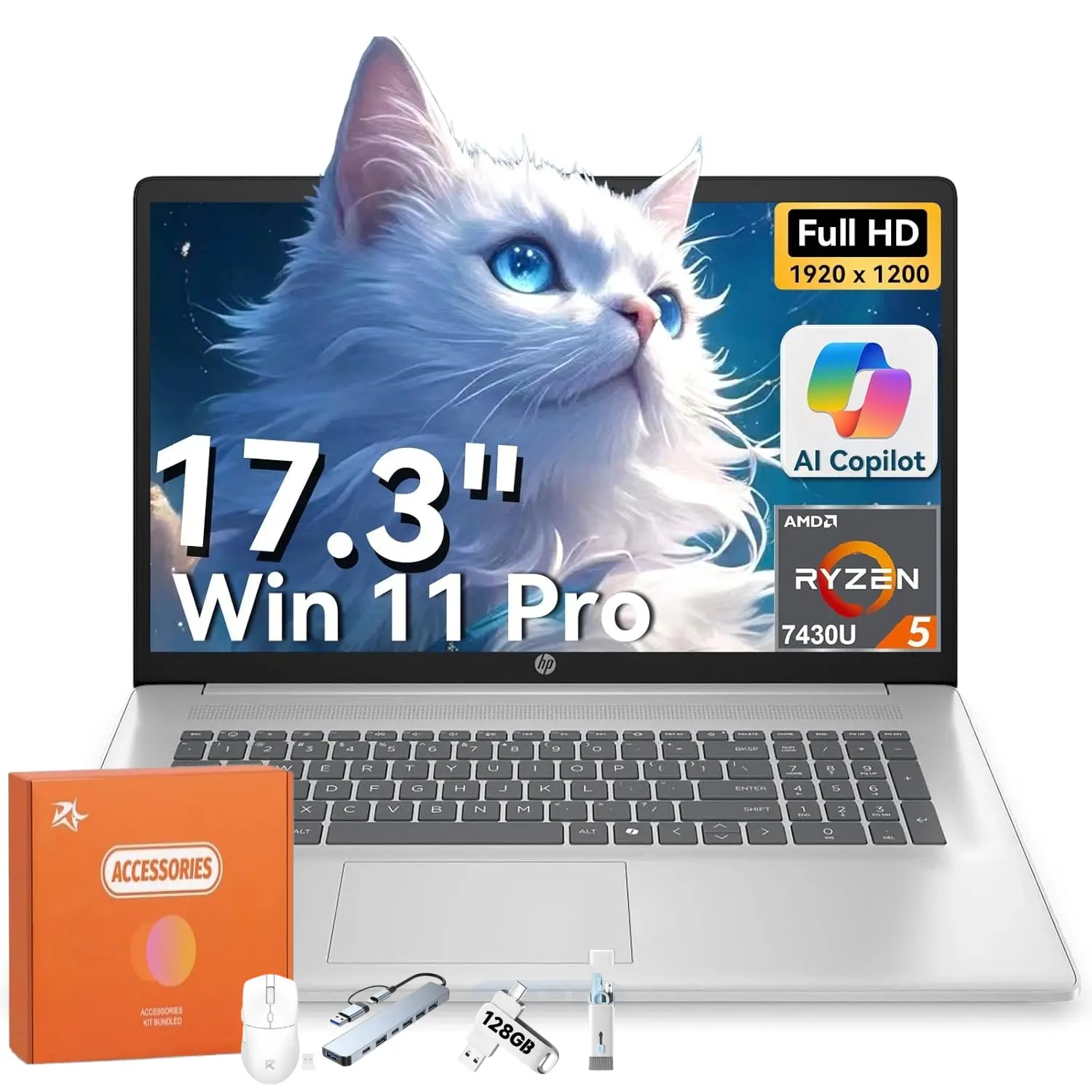 HP 17.3" FHD Anti-Glare Business Work Laptop, AMD Ryzen 5 7430U, Up to 32GB RAM, 512GB SSD, Windows 11 Pro, Wi-Fi 6, Numeric Keyboard, Student Office Laptop, Bundled Accessories Kit