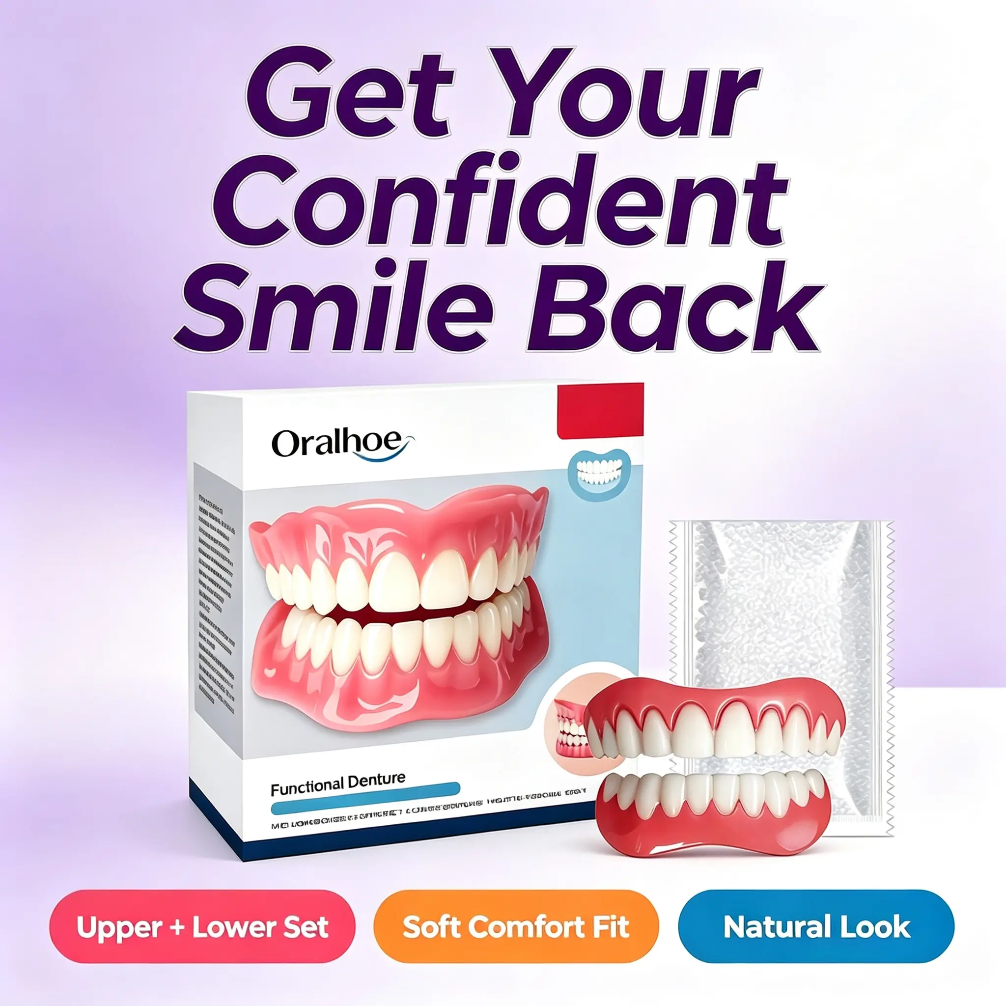 Upper & Lower Teeth Cosmetic Set with Fitting Beads, Natural Fit Comfort Material Teeth Decor Accessory for Smile Appearance Improvement, Reusable Household Smile Beauty Kit for Daily Use