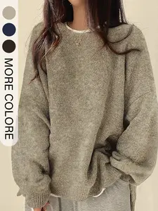 Women's Solid Color Round Neck Long Sleeve Knit Pullover Sweater, Casual Simple Loose Fit Autumn Winter Fashion, Comfortable One-Piece Top Knitwear
