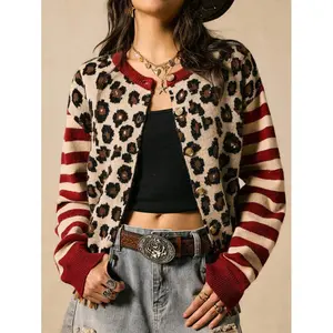 Round Neck Drop Shoulder Pattern Knitted Cardigan with Wrist Length Sleeves and Bold Style Leopard Print Cardigan for Women Short Cardigan for Women Striped Cardigan for Women Animal Pattern Cardigan for Women Short Cardigan Sweater for Women Autumn Cloth