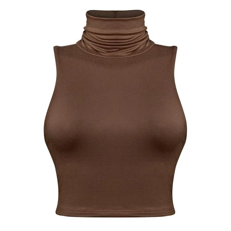 Jacelyn Sleeveless Turtleneck Brown Crop Top