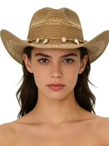 Western Cowboy Hat with Seashell Cord Decoration, Beach Straw Hat, Bohemian Jazz Hat, Panama Sun Hat, Summer Work Hat, Cycling Fishing Cap, All Over Print