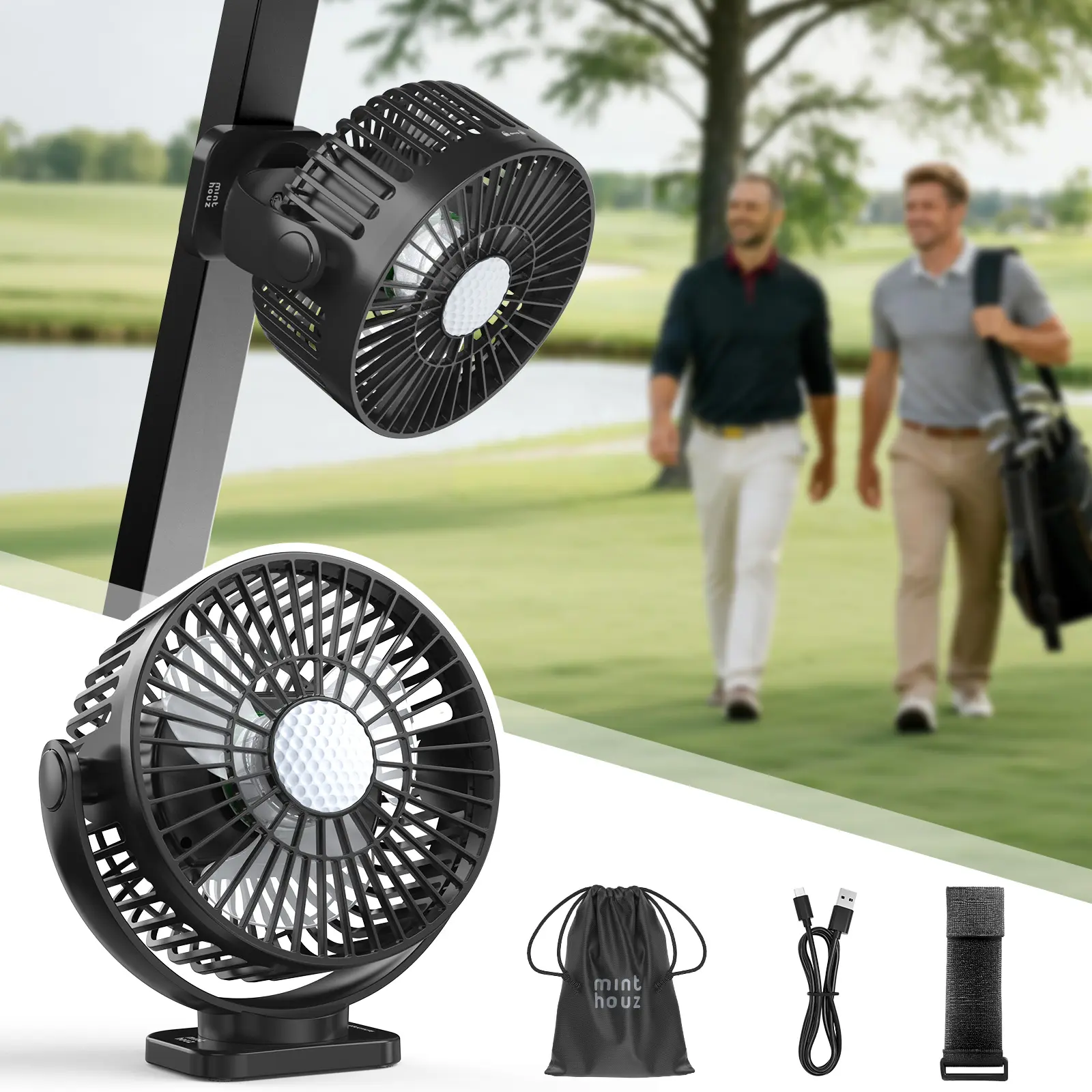 Magnetic Golf Cart Fan, 12000mAh Rechargeable Fan, 3-Speed 360° Rotation, Timer Function, LED Lighting, Magnetic Base & Strap, Compatible with EZGO, Club Car, Yamaha Golf Carts 1Pack
