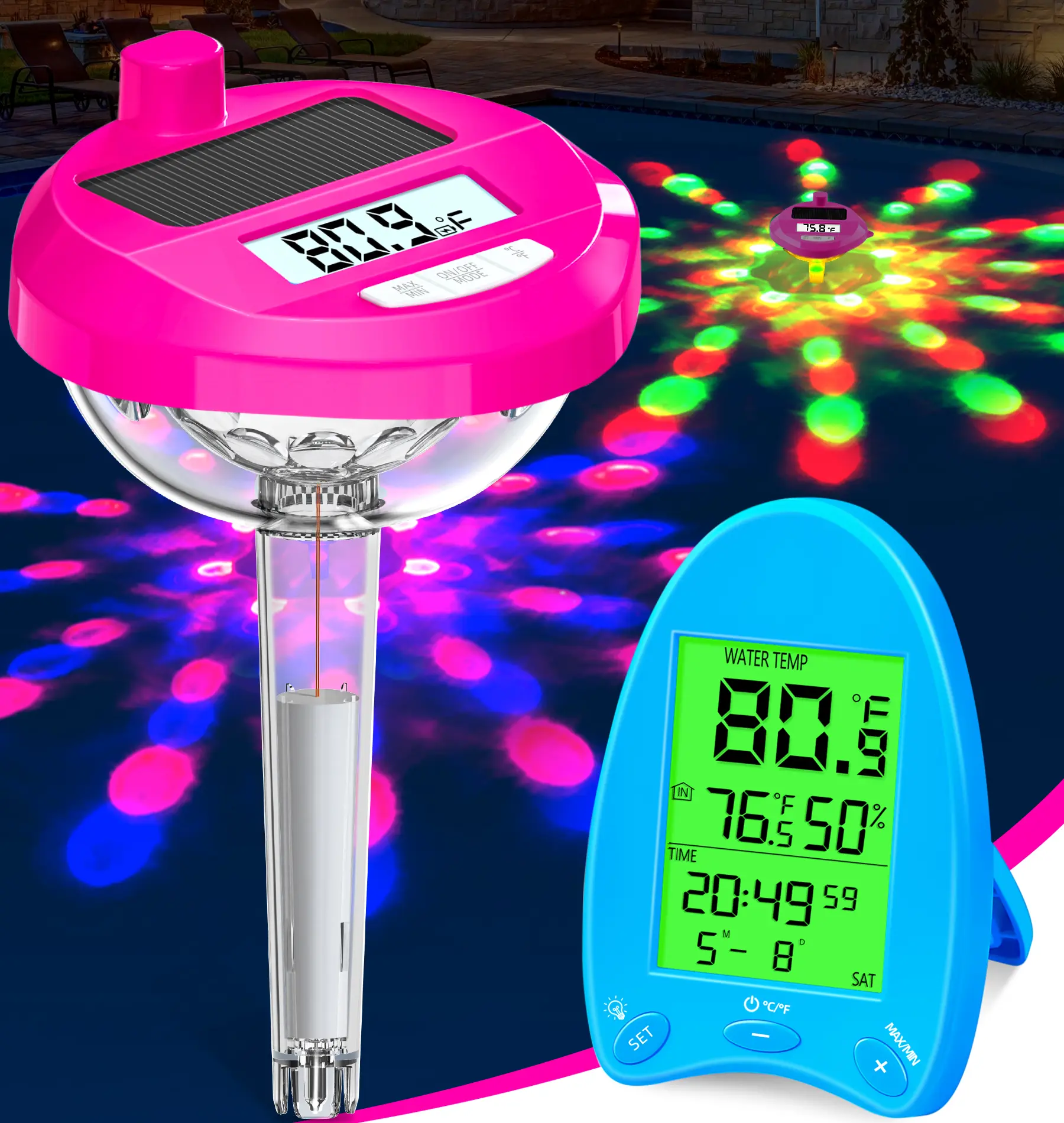 Sohochic Digital Solar-Powered Floating Pool Temperature Gauge (Single Unit) - Large LCD Screen, Big Numbers, Dynamic Light Show, 5–8 Hours Automatic Sunlight Charging, Easy Read for Outdoor Pools, Hot Tubs, Includes Detailed Instruction Manual
