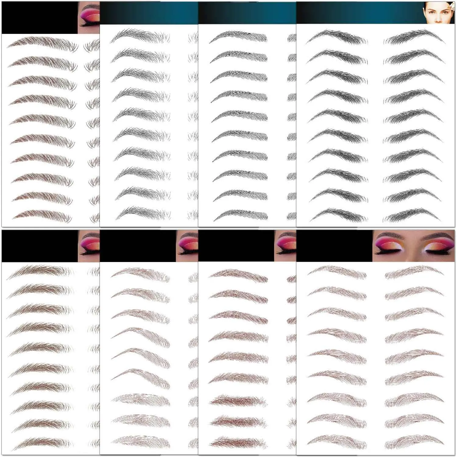 8 Sheets, 75 Pairs Waterproof 10D Hair-Like Temporary Eyebrows Peel Off Brows Grooming Transfers Stickers Makeup for Women, Brown/Black