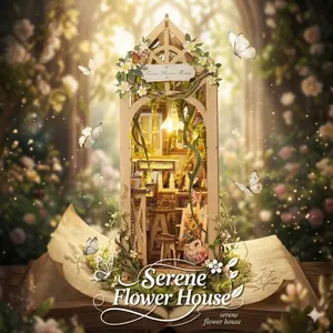 DIY Book Nook Kit with LED Light - Serene Flower House Miniature Bookshelf Insert, 3D Wooden Floral Diorama, Cozy Shelf Decor Ornament & Creative Gift