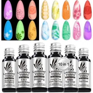 6pcs Gel Base and Top Coat Set - Blooming Gel, Glow in the Dark Top Coat, Glossy & Matte Coats, 5 in 1 Builder Base, Non-Acid PH Bond Clear Nail Polish Kit for Manicure C201