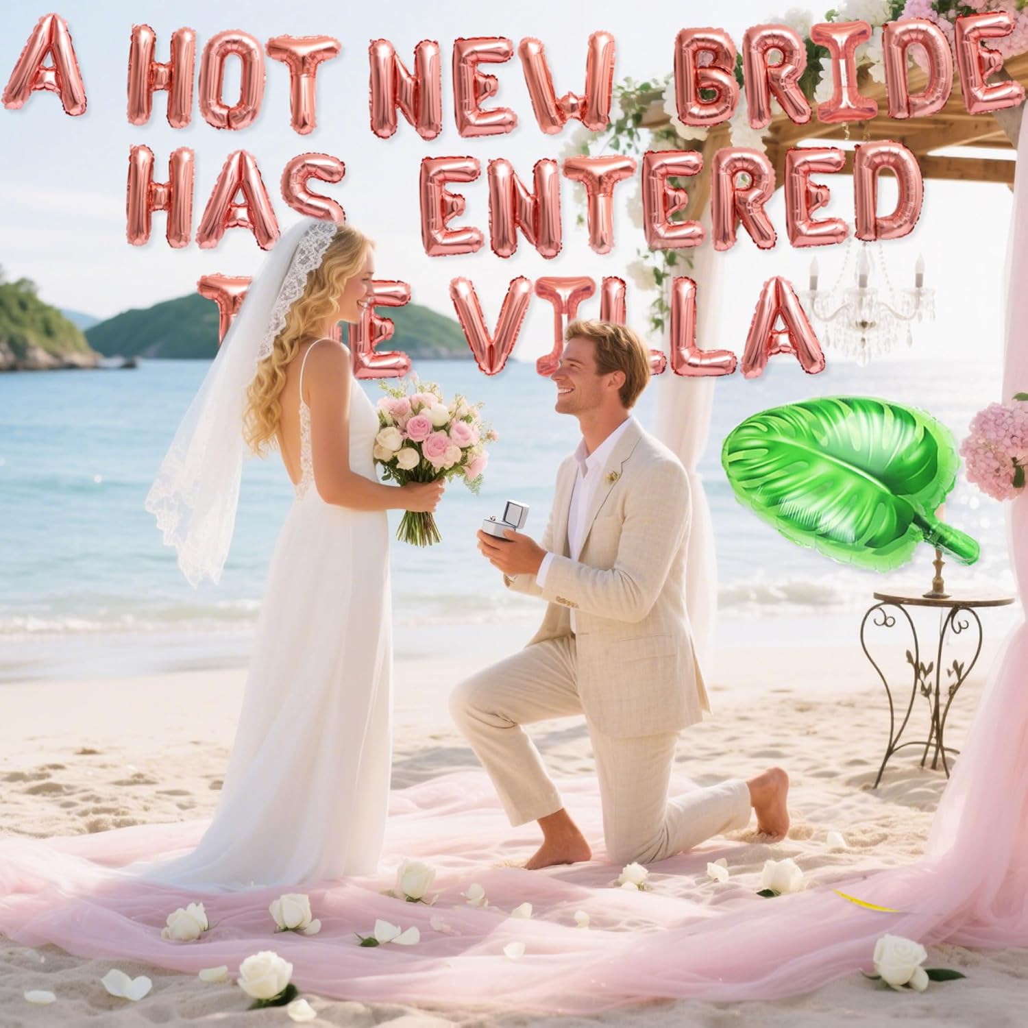 LaVenty A Hot New Bride Has Entered The Villa Banner Balloons Palm Tree Ring Mylar Balloon for Island Themed Bachelorette Party Decorations