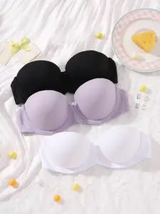 Mimilemon 3PC Women's Bandeau Sameless StraplessPush-Up Bra with Detachable Straps Invisible Half-Cup Supportive Bra for Everyday Wear Black White Purple Womenswear Seamless