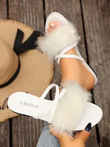 Women's Feather Plush Flat Sandals, Braided Cross Strap Open-Toe Summer Slippers, Fashion Casual Beach Shoes
