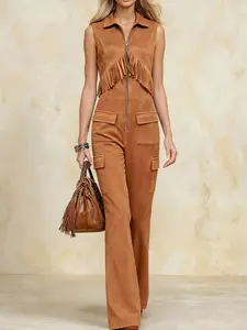 Western Fringe Faux Suede Jumpsuit 🤠 | Sleeveless Zip Front Wide Leg Utility Romper for Women