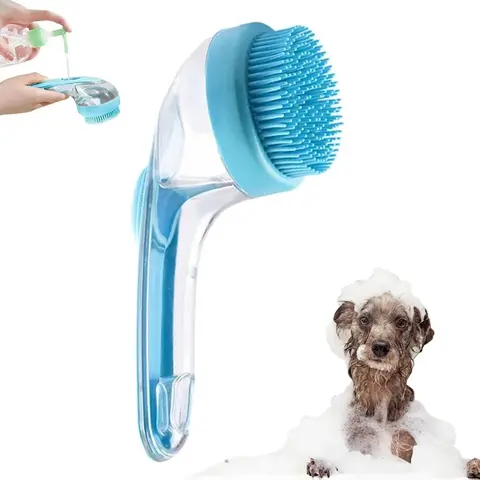 2-in-1 Silicone Pet Bath Brush with Built-in Shampoo Dispenser - Dog & Cat Grooming Tool for All Hair Types, Ergonomic Easy-Hold Grip, Gentle Massage Bristles, Dander & Dirt Lift, Deep Clean, Shinier Coat, Easy Rinse, Home Use